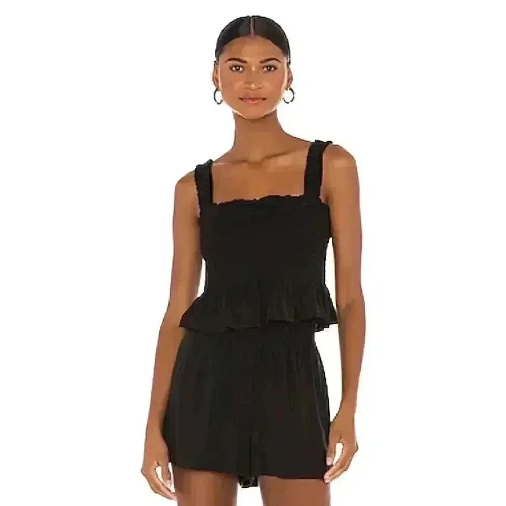 Bcbgeneration Women's Black Poly/Spandex Knit Smocked Ruffled Tank Top